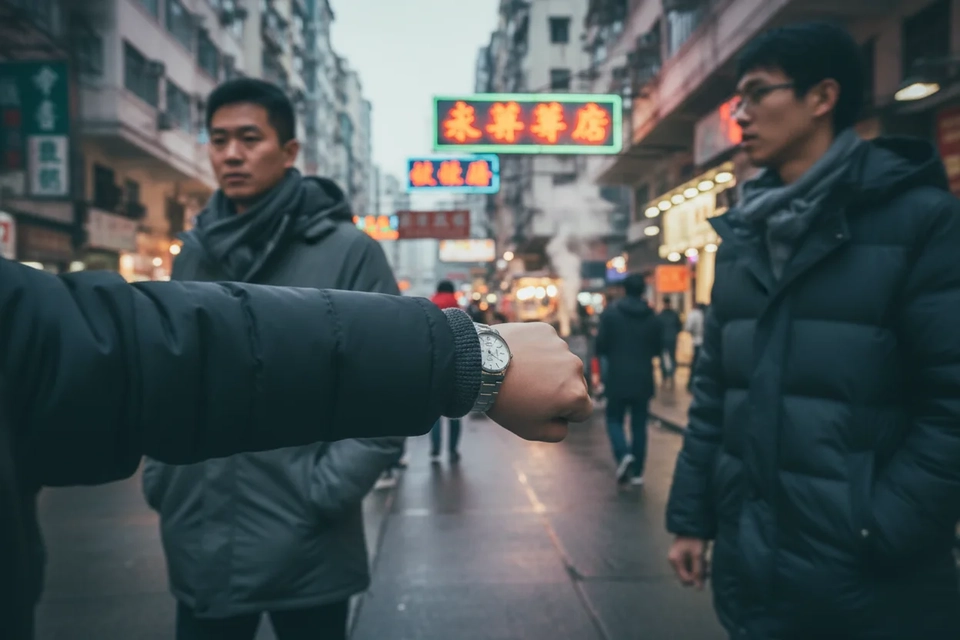 冬日街頭,行人裹著厚外套行走,袖口遮住手腕上的石英錶。