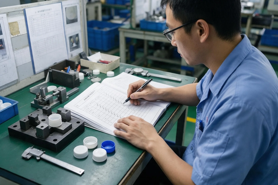 工程師在桌前核對量測作業指引，桌上擺著夾具、量具與塑料瓶蓋。