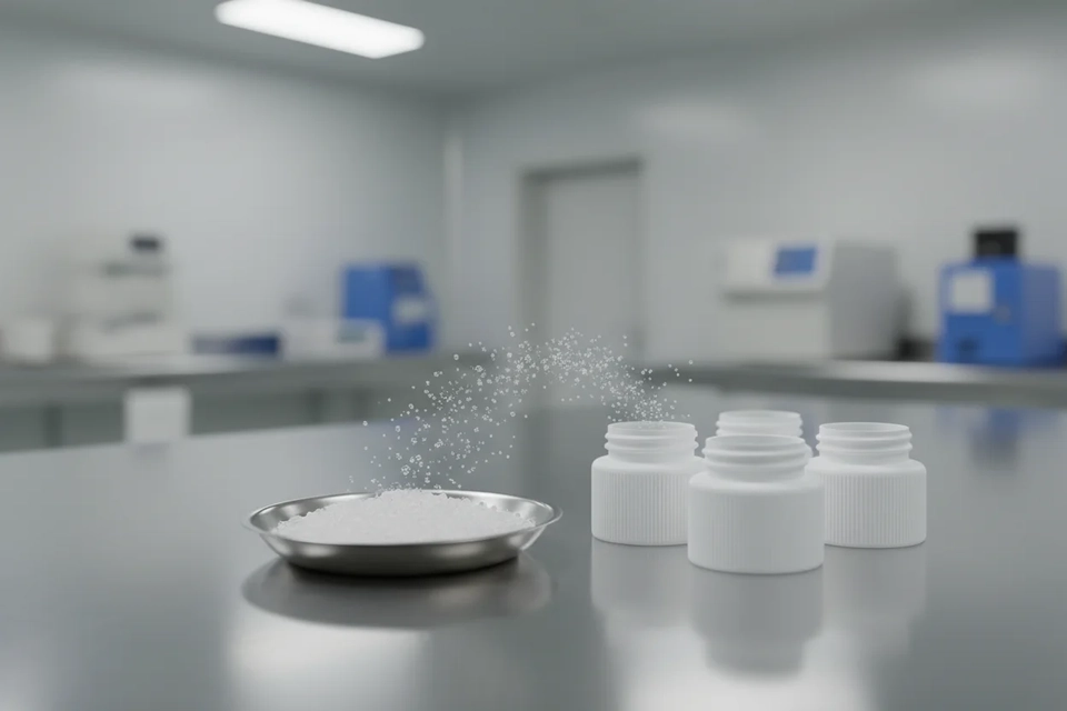 實驗室桌上一盤半透明樹脂顆粒與幾個白色藥用瓶蓋,細小分子正從顆粒飄向密閉瓶內頂空。