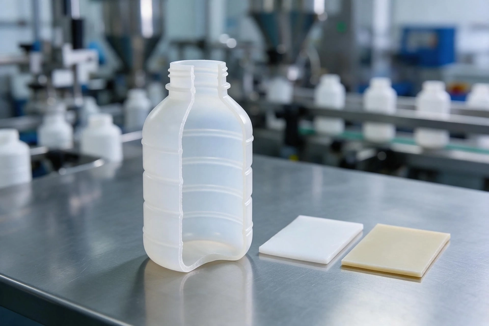 剖開的藥用塑料容器露出厚薄不一的瓶壁、圓潤瓶底與環形加強筋,旁有兩片塑膠樣料。