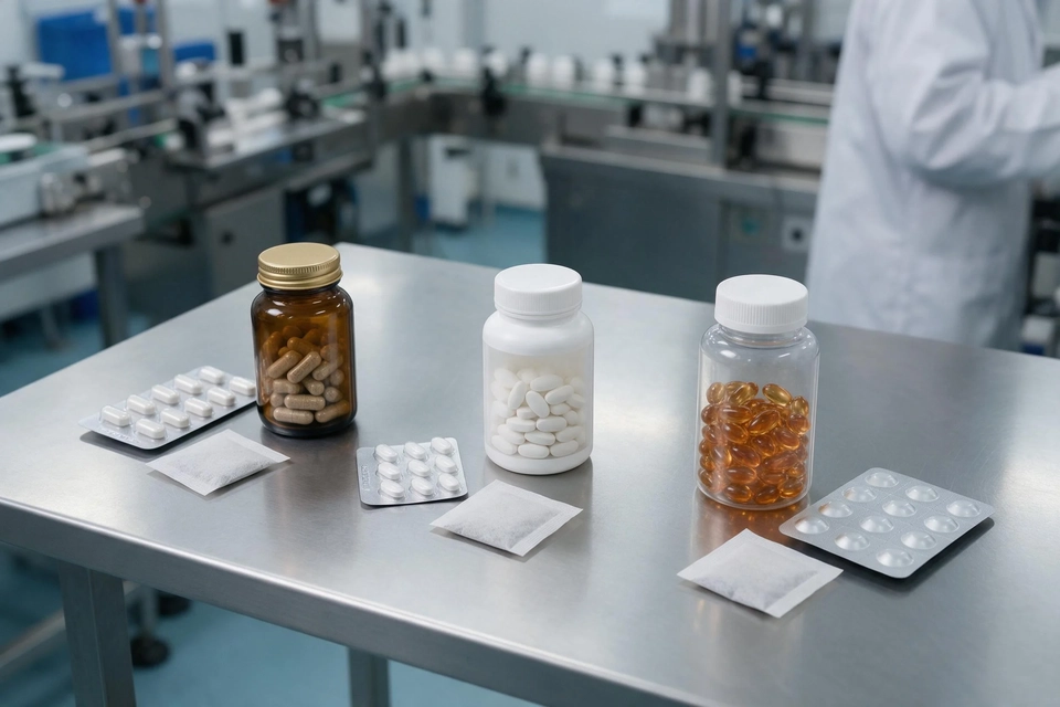 工作檯上擺著益生菌膠囊、維生素錠與魚油軟膠囊,各自搭配不同結構的泡罩與乾燥劑。