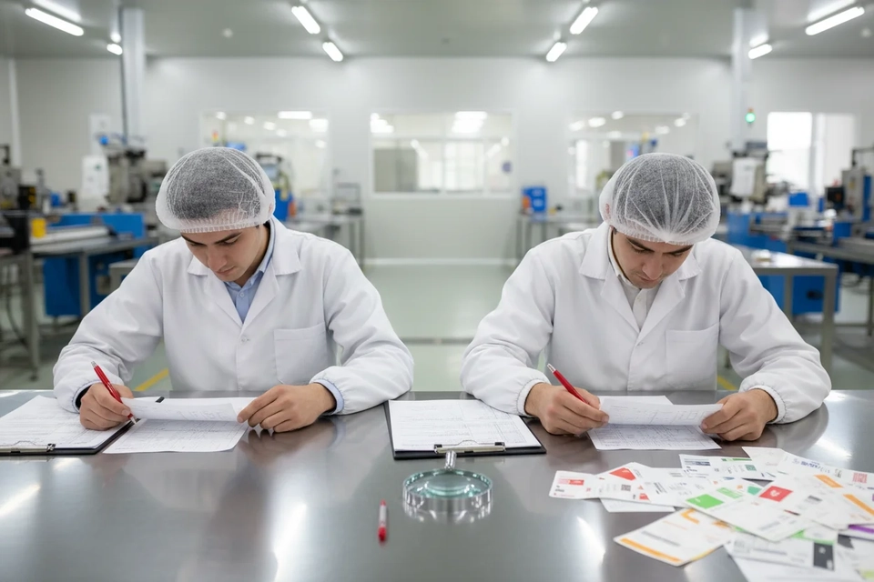 兩名職員在長桌兩側各自拿清單核對標籤打樣稿,桌上放著放大鏡和紅筆。