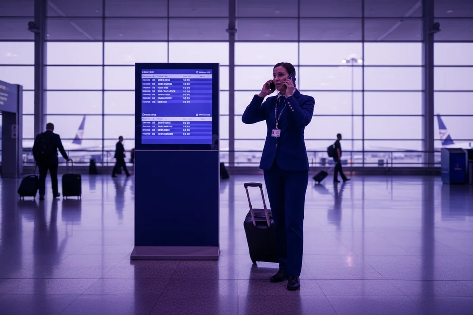 機場閘口旁,剛落機的航空同工拖著行李箱,一手持手機回覆來電。