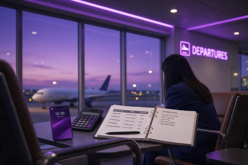 候機室裡航空同工在筆記本上並排列出幾間機構的條款,逐項對照比較。