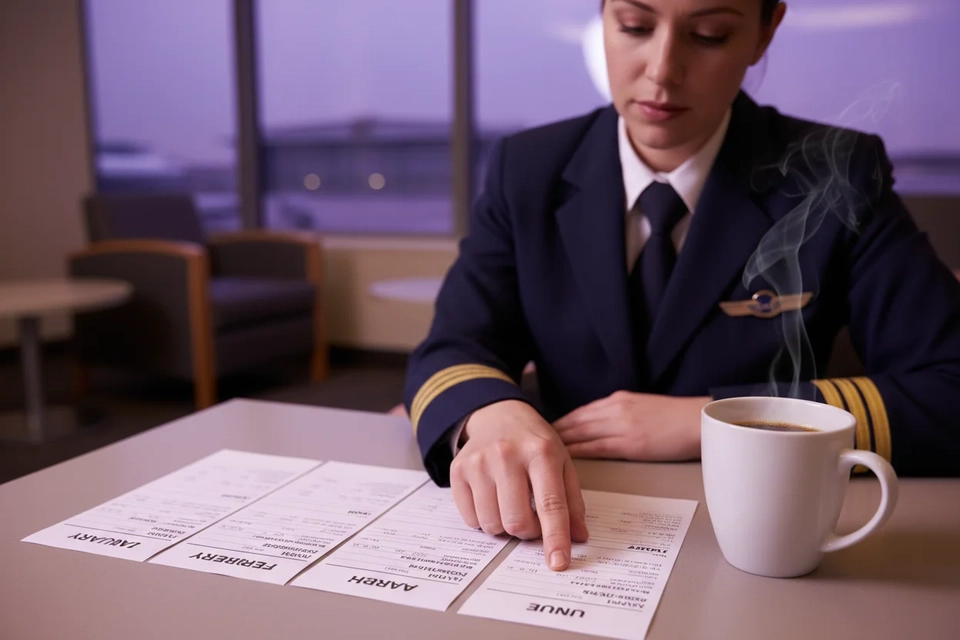 一位穿制服的航空從業員在休息室把六個月糧單按月排在桌上逐張核對。