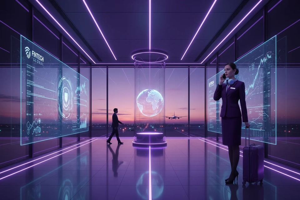航空公司職員在候機區落地玻璃旁接聽電話，行李箱放在腳邊。