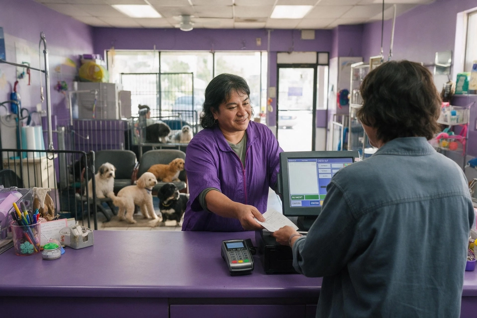 寵物美容店櫃檯前，店主微笑替客人結帳，店內有幾隻寵物。