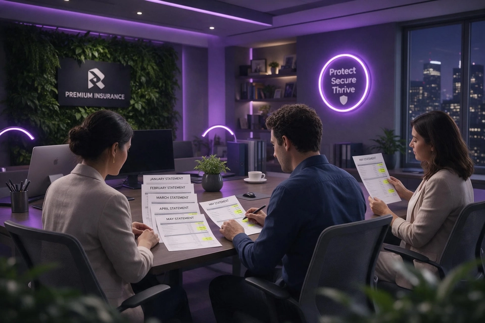 三名保險從業員圍坐辦公桌,翻看按月排列的佣金結算單與銀行紀錄。