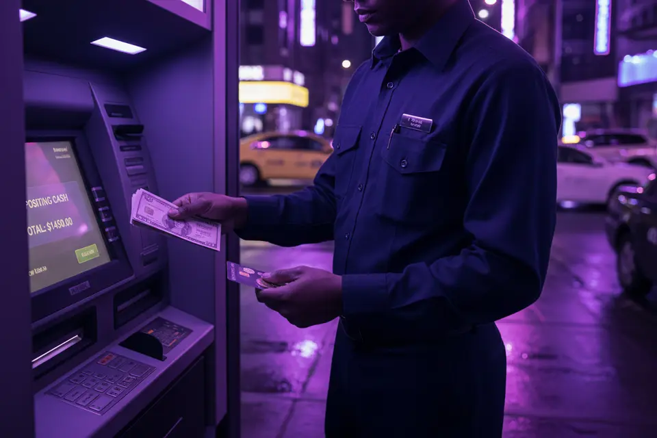 的士司機在自動櫃員機前把現金車資存入戶口,手上拿着鈔票。