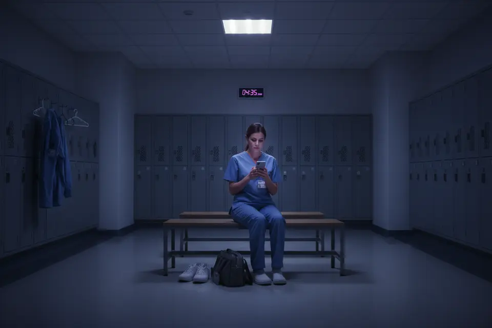 夜班結束後,一名護士在醫院更衣室內坐著,用手機查看資料。