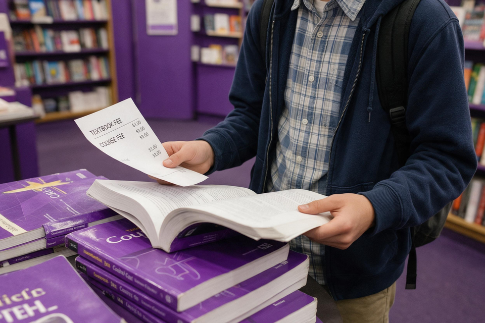 學生在書店翻閱課程書籍，手裡拿著一張開支清單。
