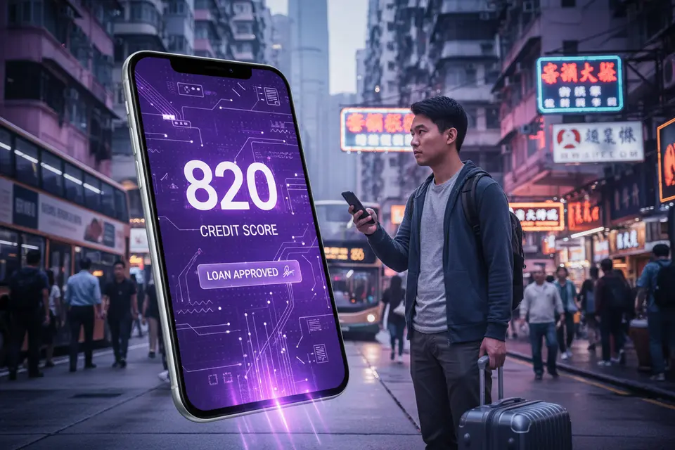 拖着行李箱的新移民站在香港街頭，低頭查看手機並環顧四周。