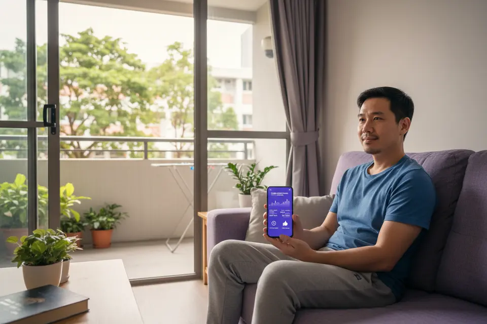 公屋住戶坐在客廳沙發上用手機查看貸款資料,神態從容。