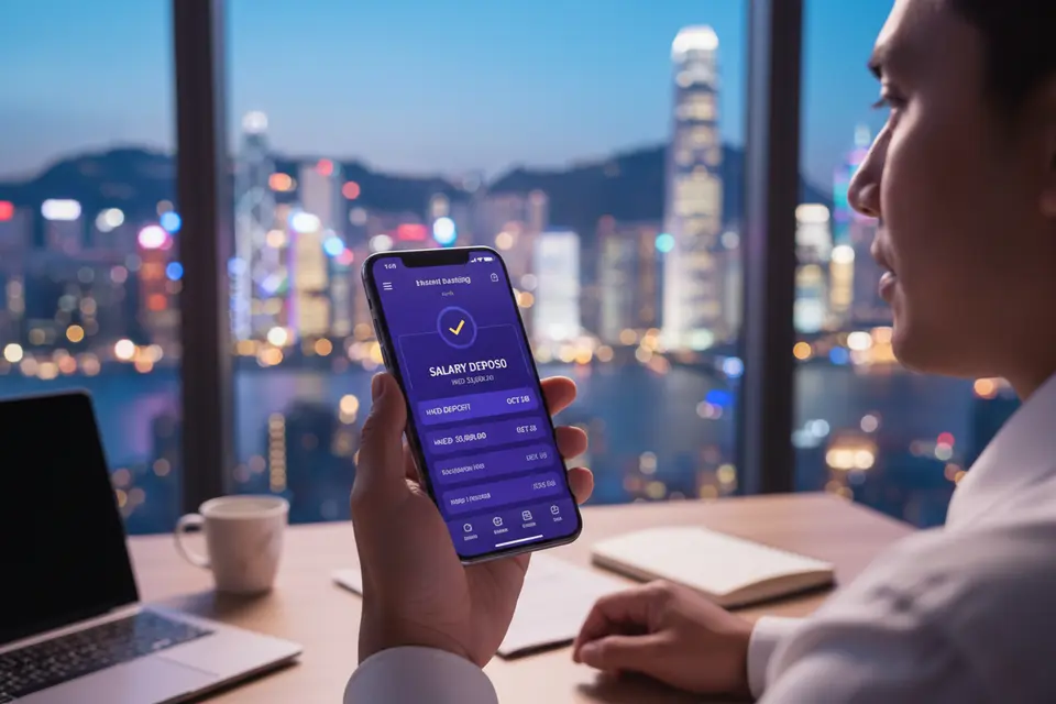 一名上班族在辦公室看著手機銀行顯示的薪金入帳紀錄，神情安心。