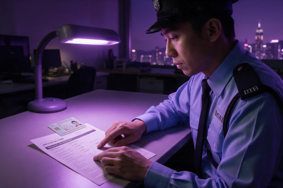 紀律部隊人員在桌前核對身份證與申請表上的個人資料。