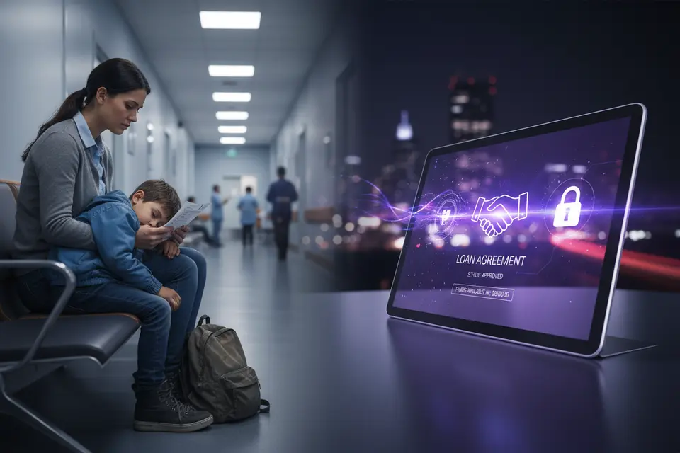 單親媽媽與年幼兒子坐在醫院長椅上,手中拿著醫療單據,神情擔憂。