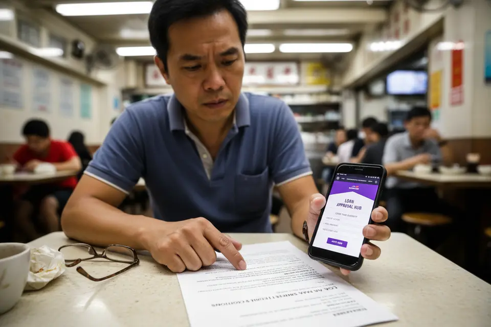 司機在茶餐廳角落用手機核對貸款網站資料，桌上放着文件與老花鏡。