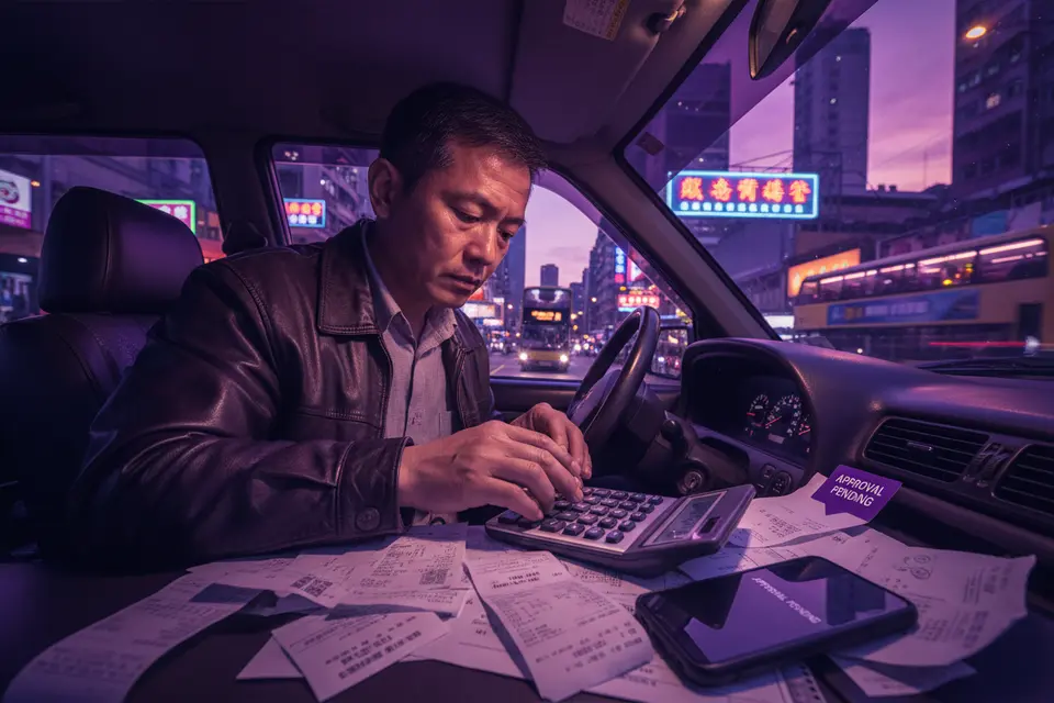 的士司機坐在駕駛座，低頭計算每月收入與開支的單據。