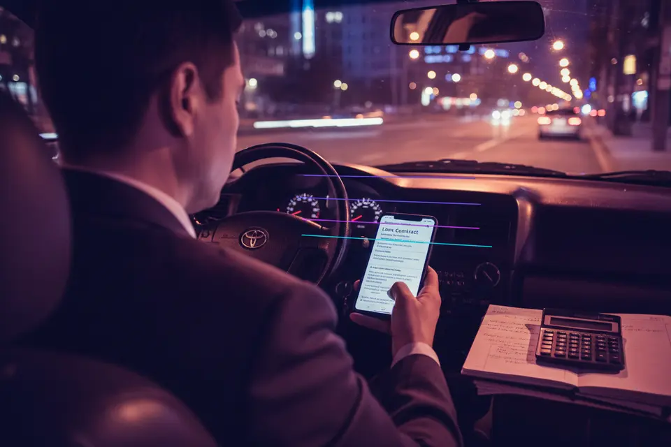 的士司機收工後在車廂內用手機細閱貸款合約的條款。