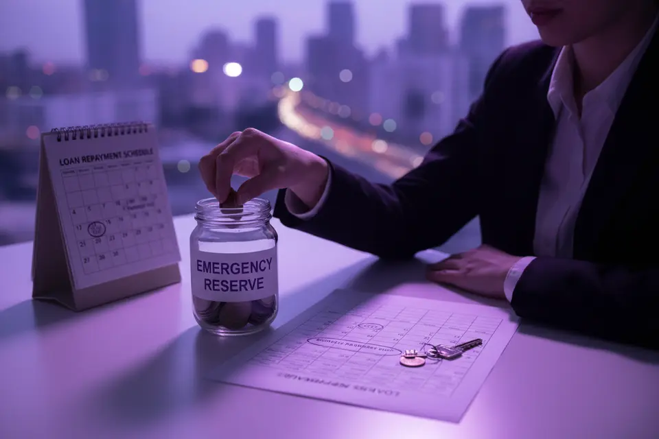 地產代理把硬幣放入玻璃罐,桌上放著還款計劃表和日曆,日曆上圈有還款日期。