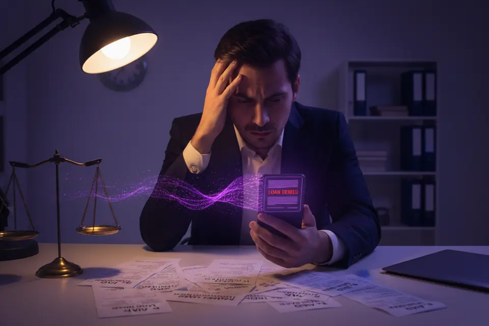 東主低頭看著手機,桌上有已付手續費卻未收到貸款的單據,神情懊惱。