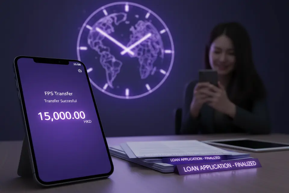 一名男子看著手機上的轉帳到帳畫面，身後時鐘顯示時間，桌上放著一疊文件。