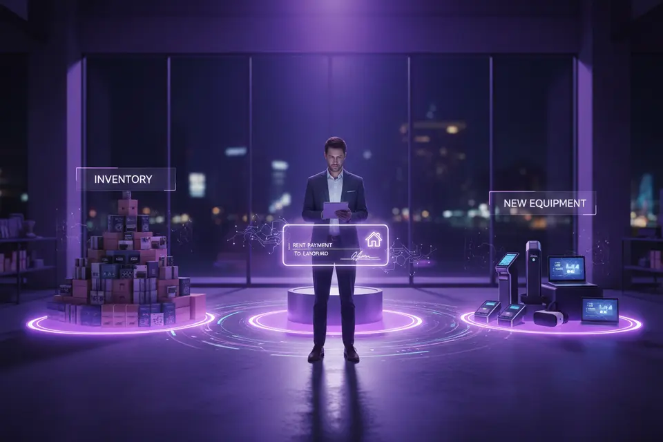 一名店主站在店內，身旁有貨品、租金支票與新設備，正分配資金用途。