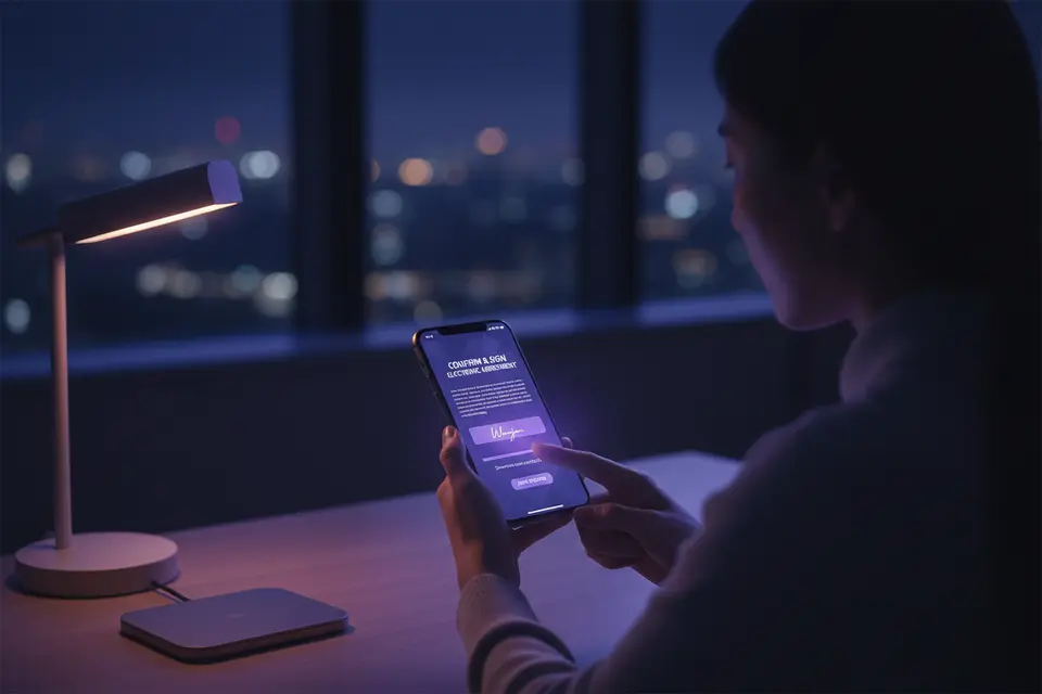婉君在夜晚的房間內用手機完成貸款合約的電子簽署。