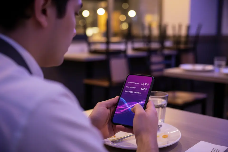 餐飲從業員在餐廳休息時用手機計算每月可負擔的供款金額。