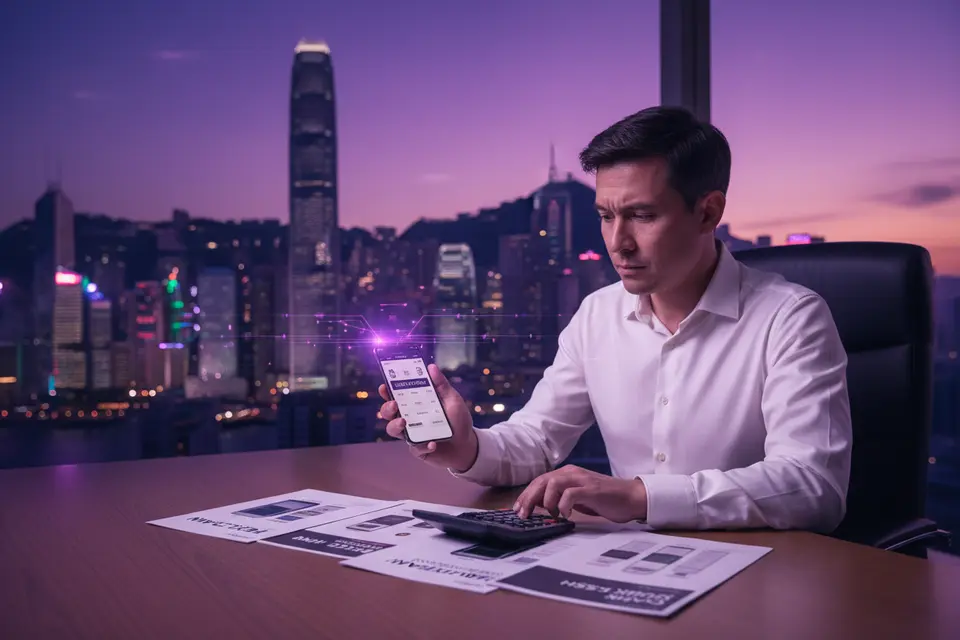 上班族坐在辦公桌前用手機比較貸款方案,窗外是中環銀行大樓的黃昏景色。