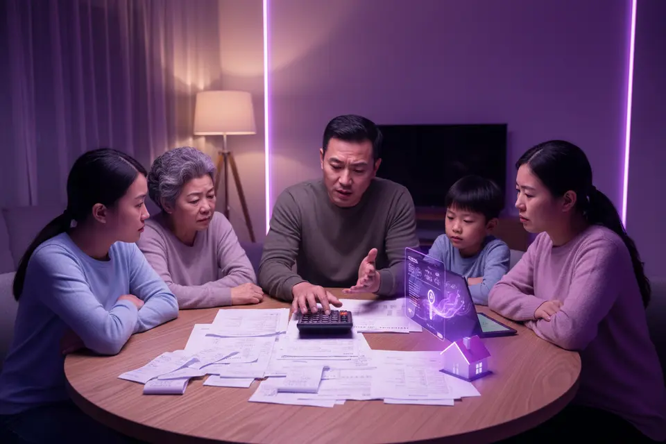 晚飯後客廳裡，權哥與家人圍坐桌旁，桌上放著醫療單據與計算機商討開支。