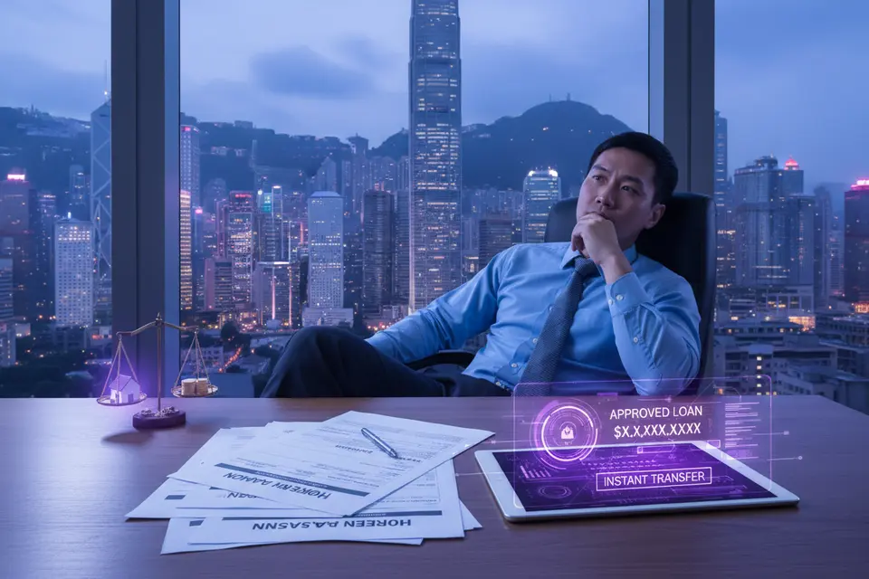 辦公桌前的人翻看按揭申請文件,玻璃窗外是高樓林立的城市天際線。