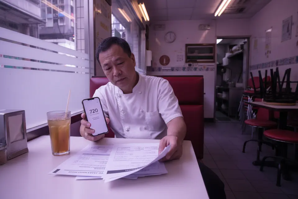 茶餐廳廚師在卡位前一手拿手機、一手翻看貸款文件,桌上放着一杯凍檸茶。
