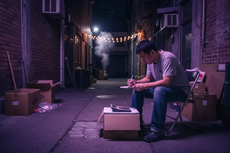 廚師坐在後巷摺椅上,用記事簿圈出旺淡季的月份,身旁放着一部計算機。