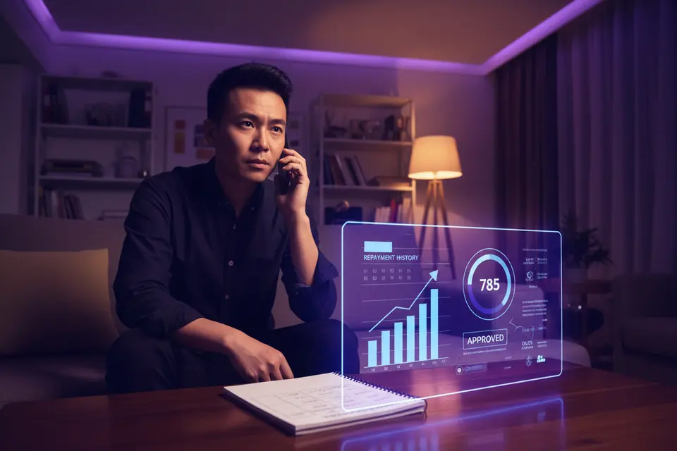 點心師傅在家中打電話給貸款機構，解釋還款困難並商討調整安排。