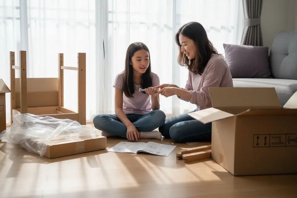 三十多歲的女士與穿校服的女兒蹲在紙箱旁整理物品,客廳地上放著未拆封的傢俬。