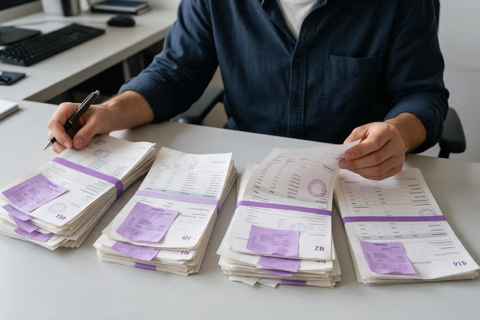 店主在書桌前翻看按月分疊的供應商進貨單據,逐項與結算報表核對。