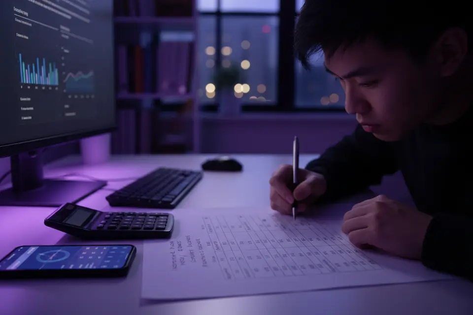 教練在桌前用計算機對照三間機構的還款表,紙上寫滿比較數字。