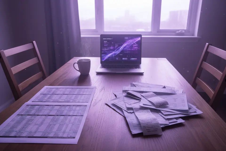 導遊坐在餐桌前整理帶團更表與單據,旁邊放著一疊銀行月結單。