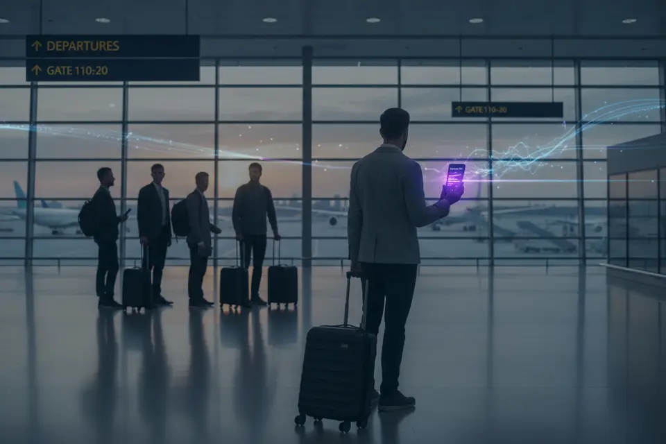 領隊在機場拖著行李查看手機裡旅行社的訊息,團友在旁等候登機。