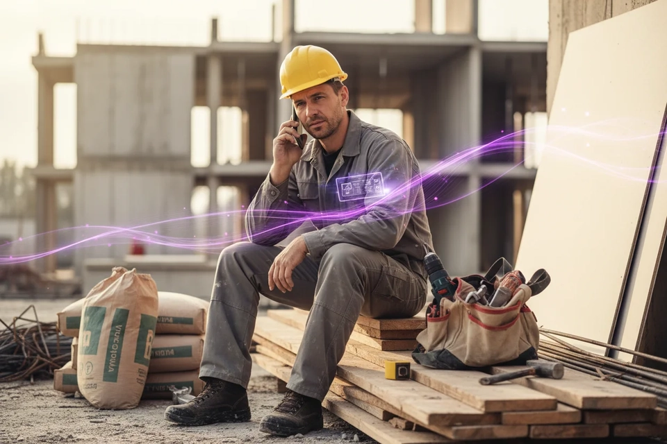 裝修師傅在工地拿手機接聽來電,身旁放著工具與建材。
