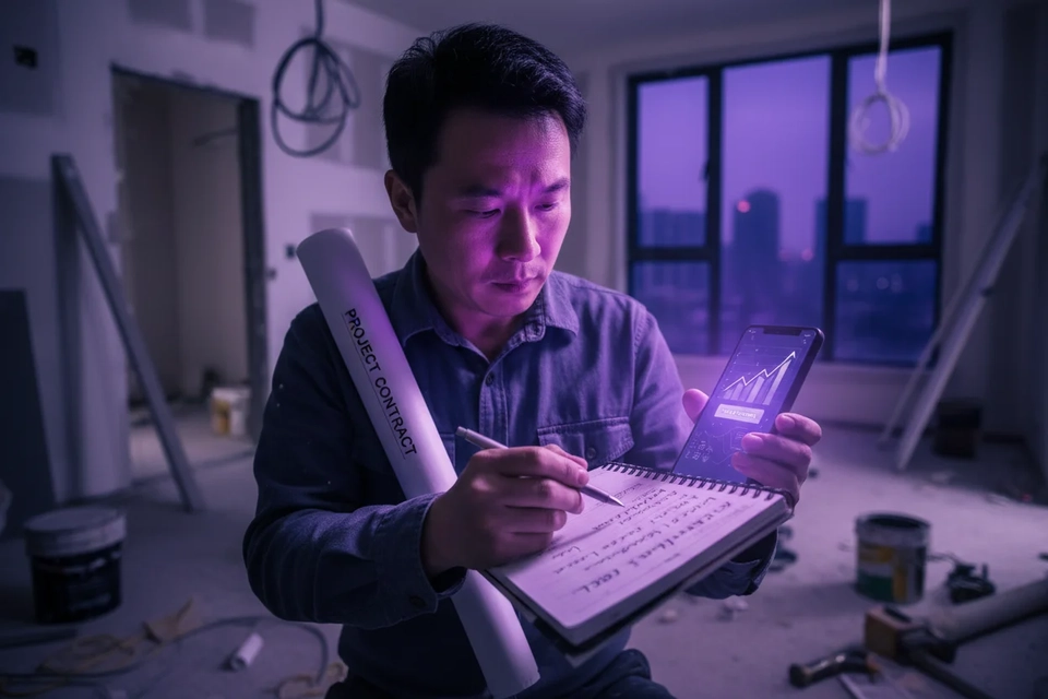 裝修單位裡，師傅對照合約與記事本，扣減材料與人工後算出淨收入。