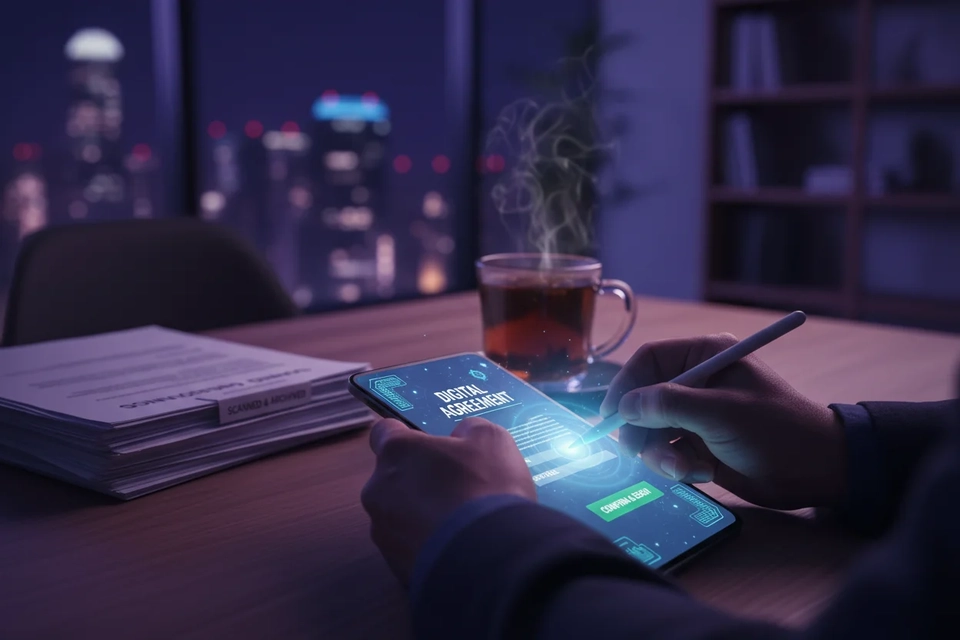夜晚書桌前，領隊以手機核對合約並完成電子簽署，桌旁放著整理好的文件。
