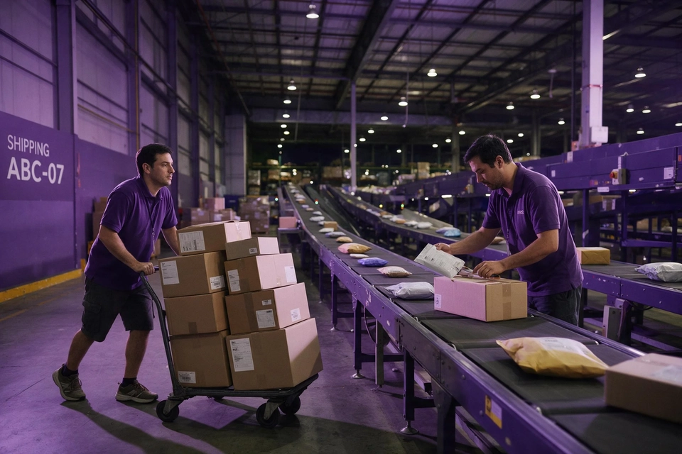 深夜倉庫裡倉務員推著滿載紙箱的手推車,同事在一旁點貨。