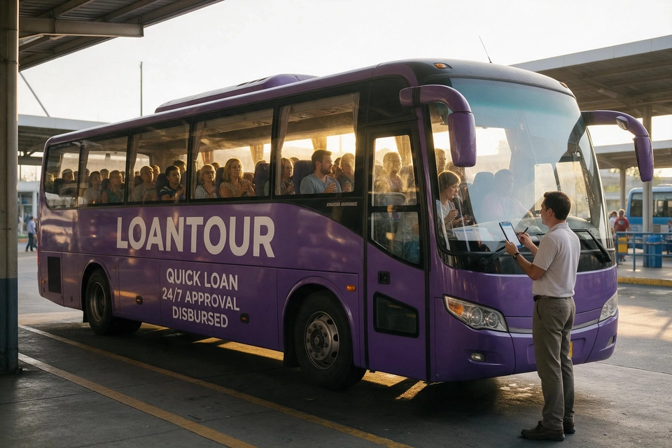 旅遊巴滿載團友駛出車站，導遊站在車頭點名，窗外陽光普照。