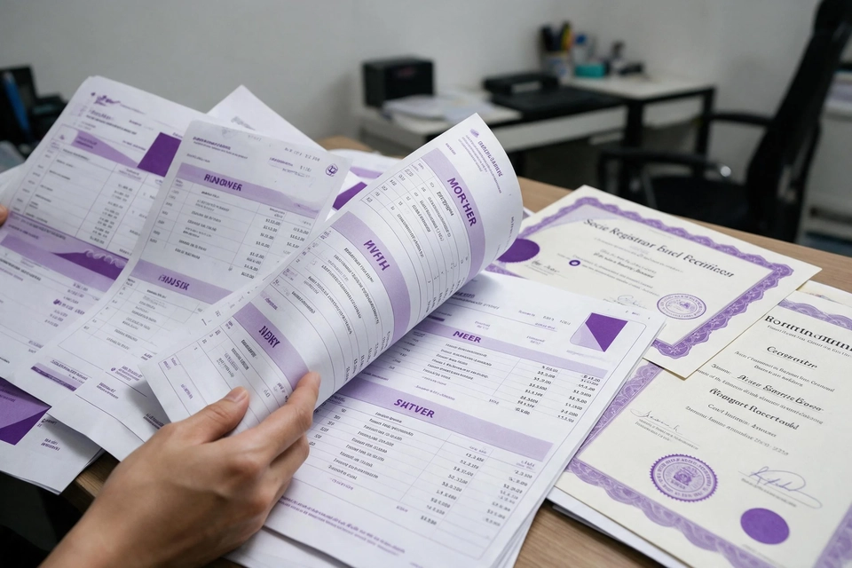 桌面上排列著糧單、銀行入帳紀錄與專業註冊證書，有人正逐頁翻看核對。