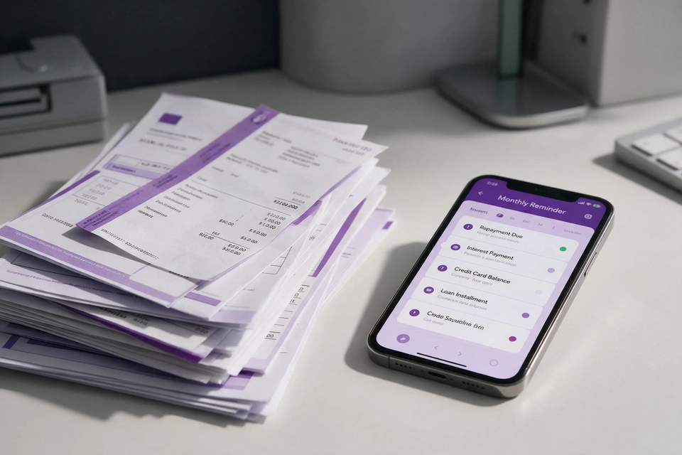 書桌上整齊放著一疊銀行月結單與收據，旁邊手機亮著每月提醒的行事曆。