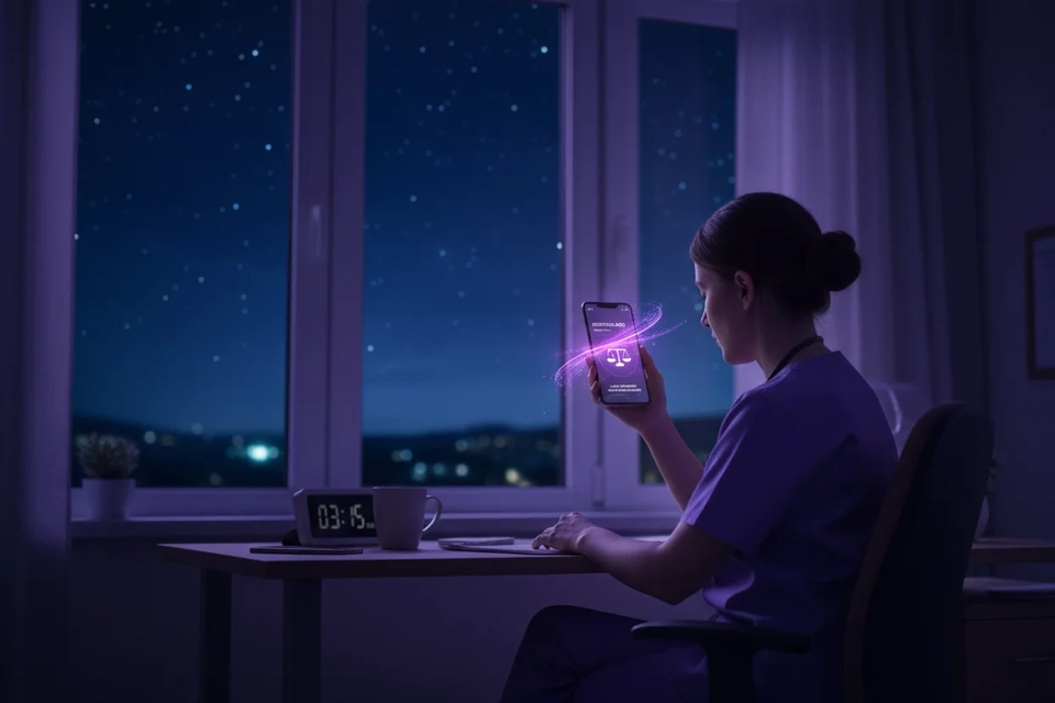 夜更休息時,院舍職員在值班室拿起手機查看未接來電與訊息,窗外一片深藍。
