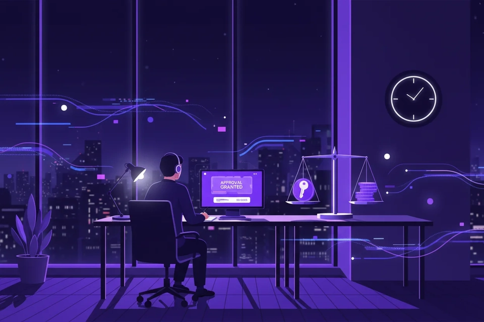 深夜辦公室裡，一名戴著耳機的社工坐在熱線電話前值班，窗外是城市燈火。
