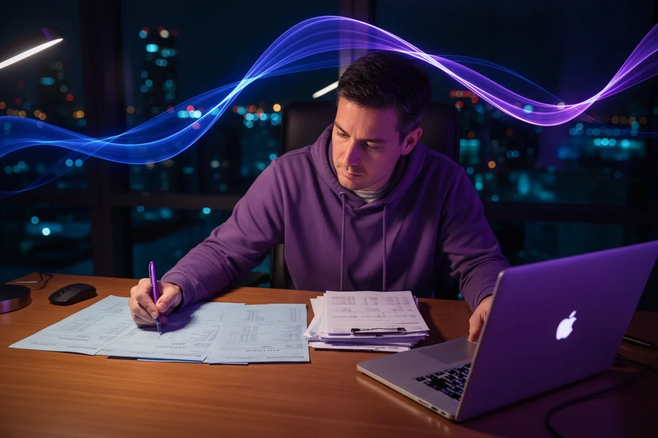 資訊科技從業員在夜間書桌前，把銀行月結單按月排開，逐一核對收入紀錄。
